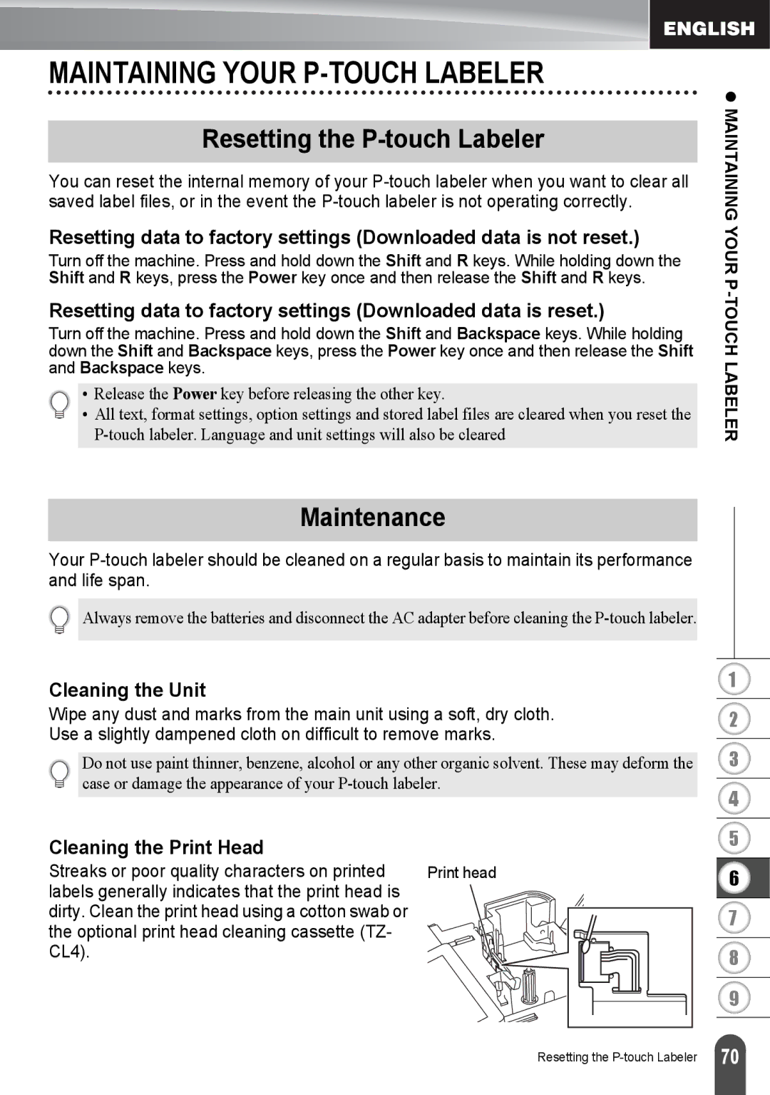 Brother PT2730VP, PT-2730 manual Maintaining Your P-TOUCH Labeler, Resetting the P-touch Labeler, Maintenance 