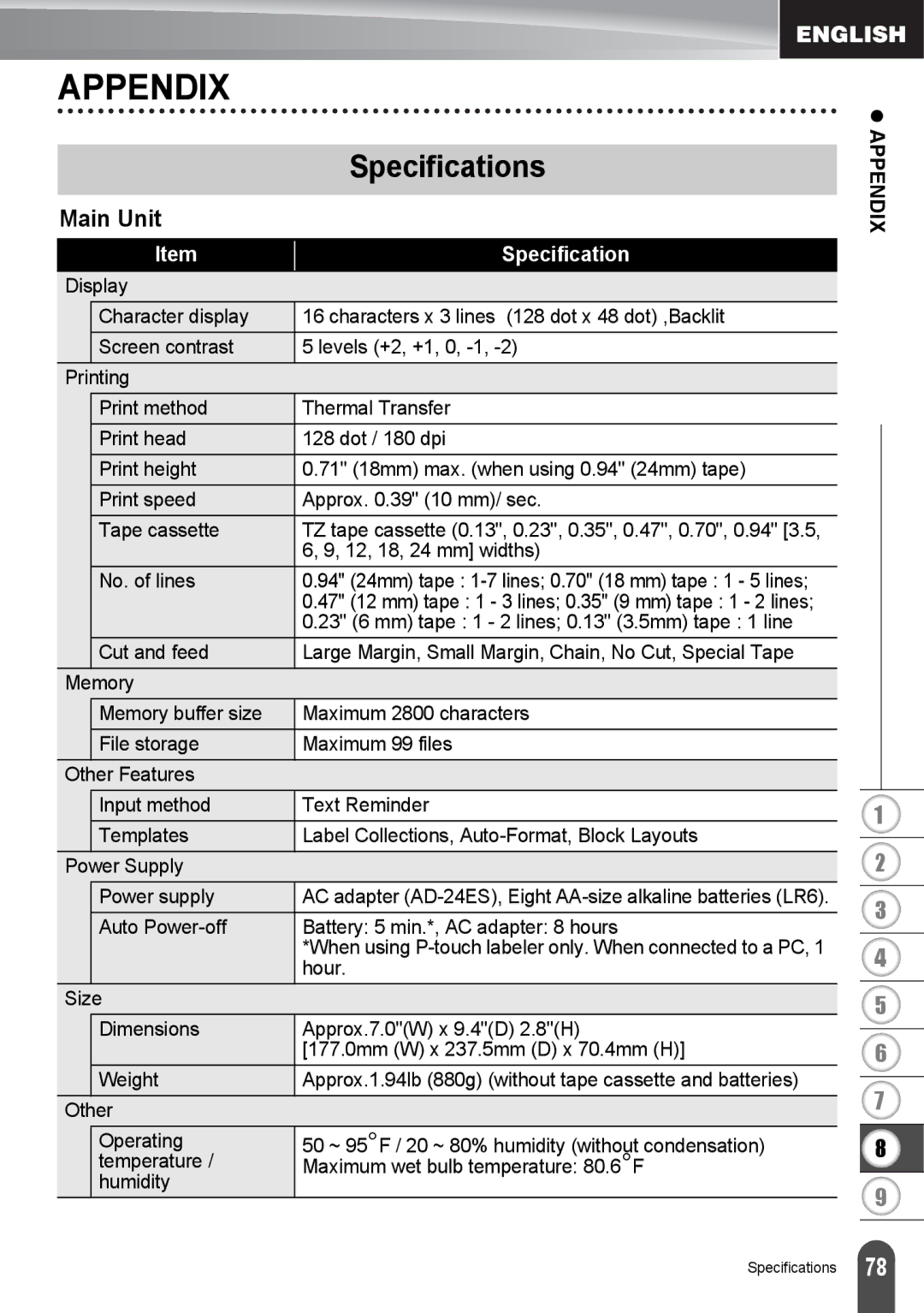 Brother PT2730VP, PT-2730 manual Appendix, Specifications, Main Unit 