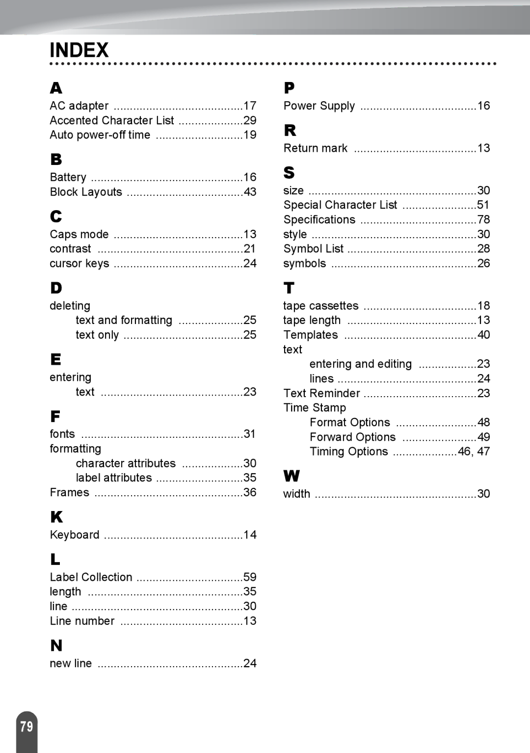 Brother PT-2730, PT2730VP manual Index 