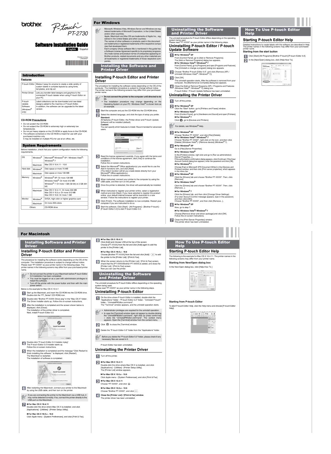 Brother PT-2730 manual Installing the Software and Printer Driver, Uninstalling the Software and Printer Driver 