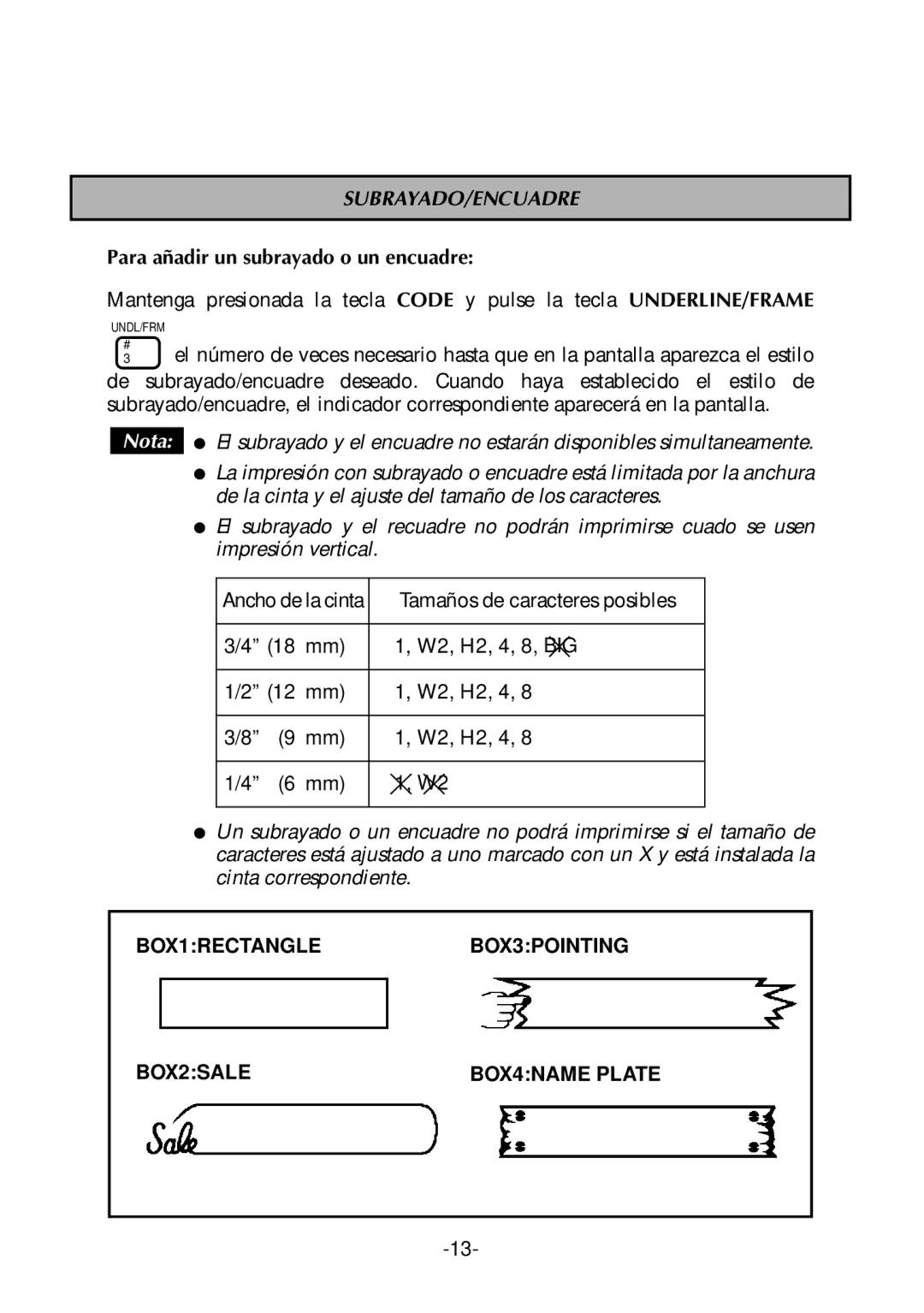 Brother PT-300 manual Subrayado/Encuadre, Para añadir un subrayado o un encuadre 