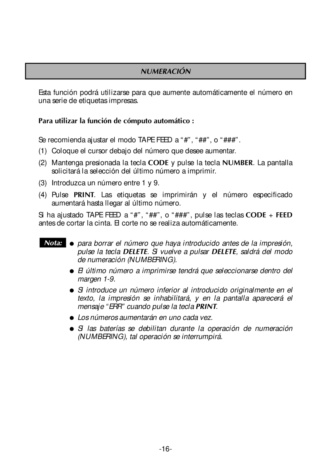 Brother PT-300 manual Numeración, Para utilizar la función de cómputo automático 