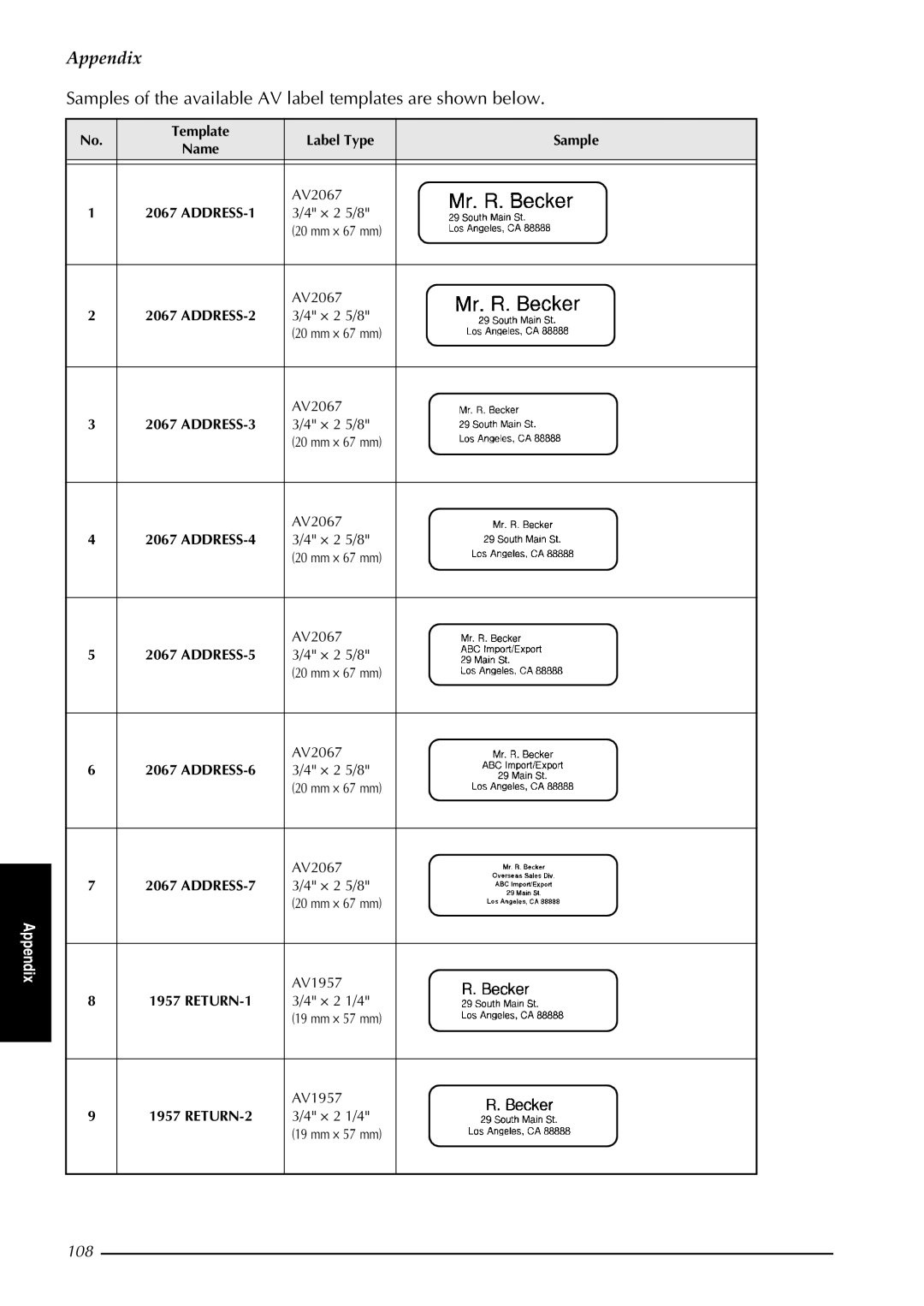 Brother PT-3600, PT-9600 manual Samples of the available AV label templates are shown below, Template Label Type Sample 