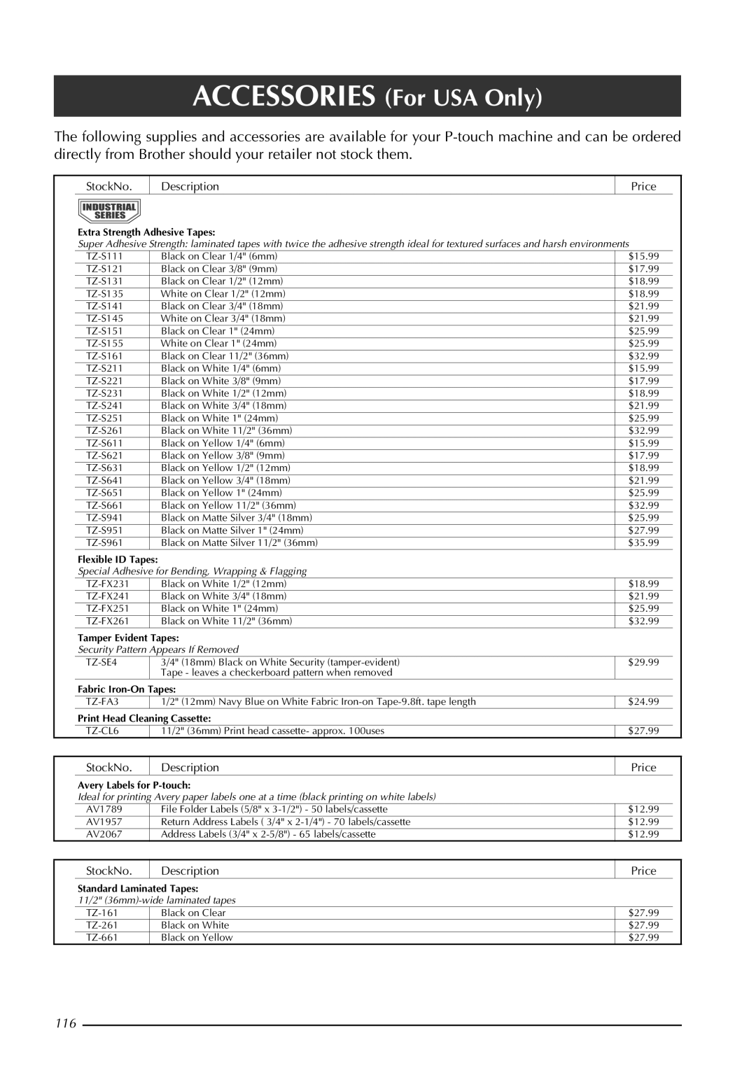 Brother PT-3600, PT-9600 manual Accessories For USA Only 