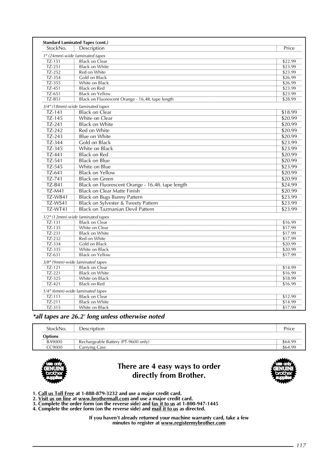 Brother PT-9600, PT-3600 manual There are 4 easy ways to order Directly from Brother, TZ-WT41 