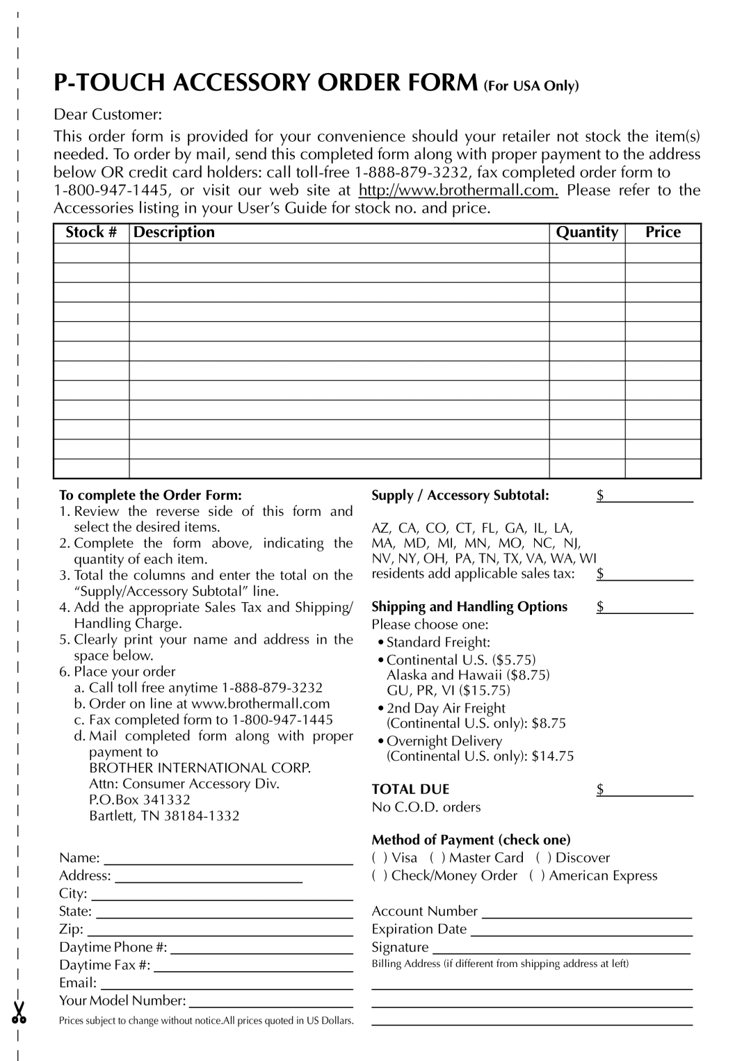 Brother PT-9600, PT-3600 manual Touch Accessory Order Form For USA Only, Supply / Accessory Subtotal 