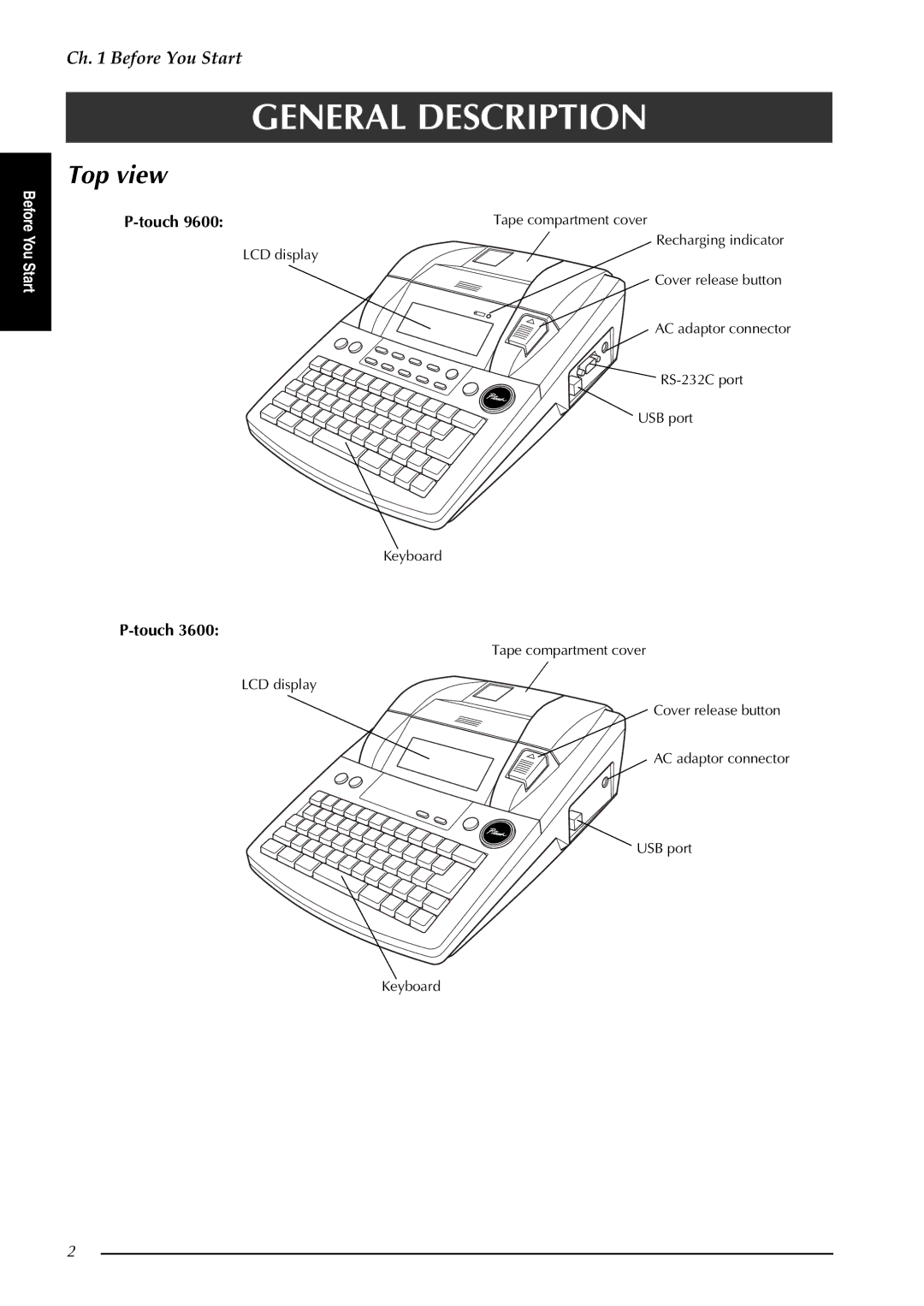 Brother PT-3600, PT-9600 manual General Description, Top view 