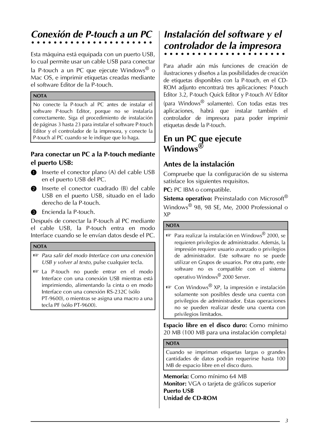 Brother PT-9600, PT-3600 manual En un PC que ejecute Windows, Antes de la instalación, Puerto USB Unidad de CD-ROM 