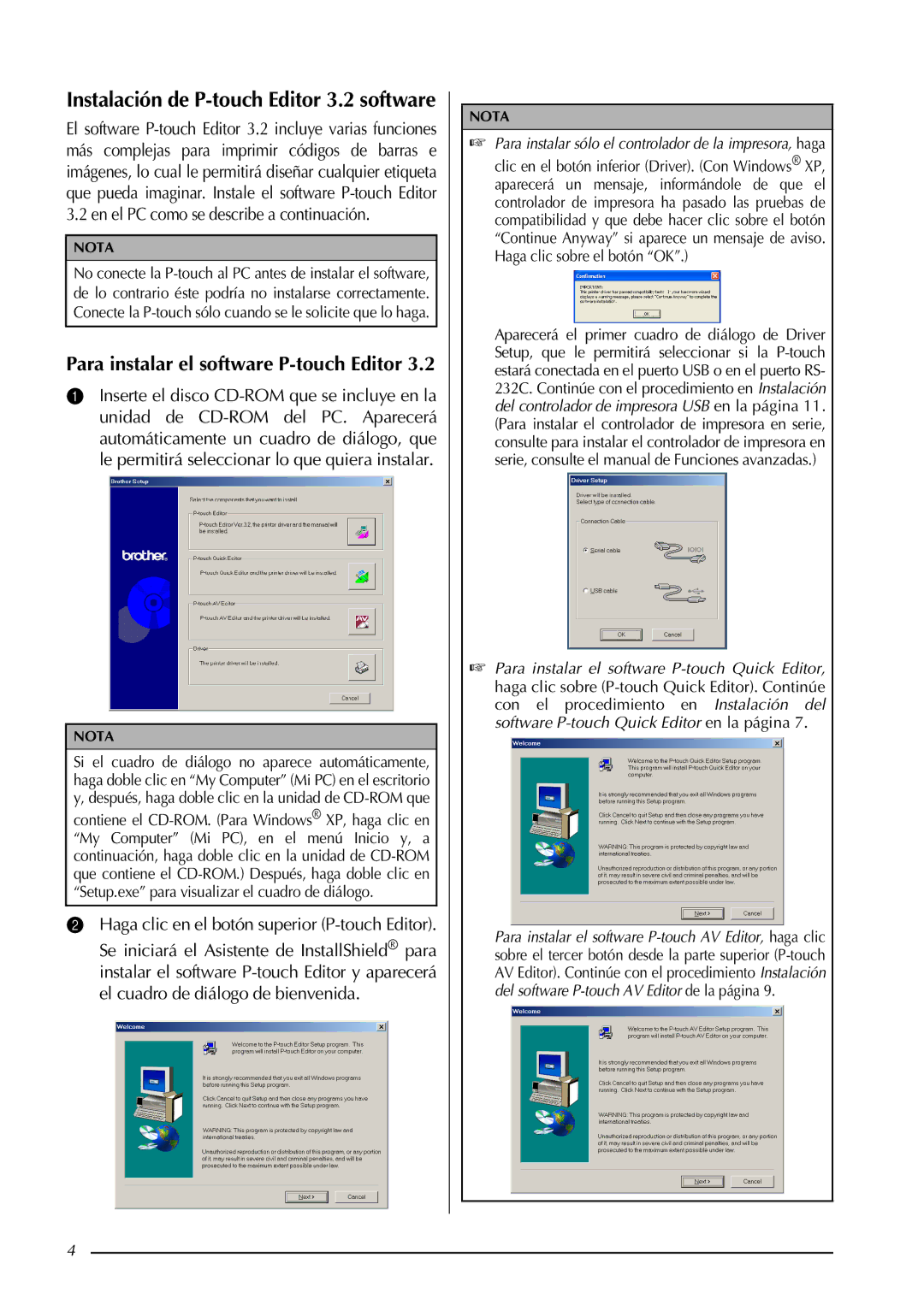 Brother PT-3600, PT-9600 manual Instalación de P-touch Editor 3.2 software, Para instalar el software P-touch Editor 