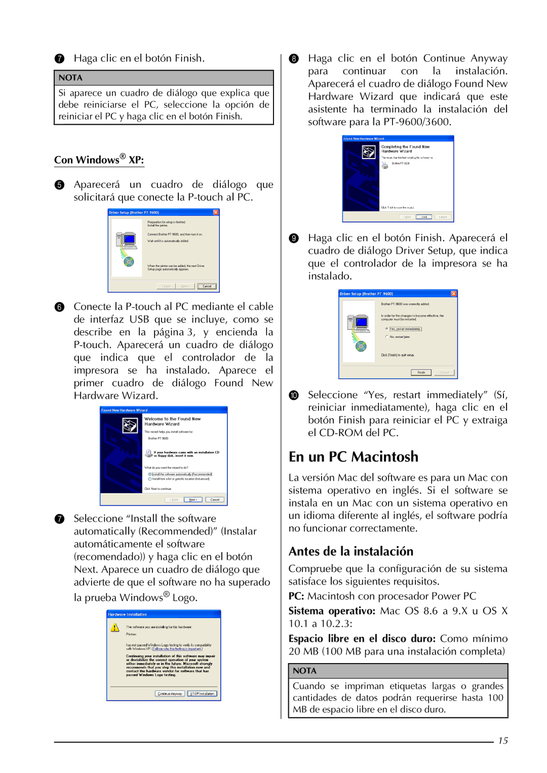 Brother PT-9600, PT-3600 manual En un PC Macintosh, Con Windows XP 