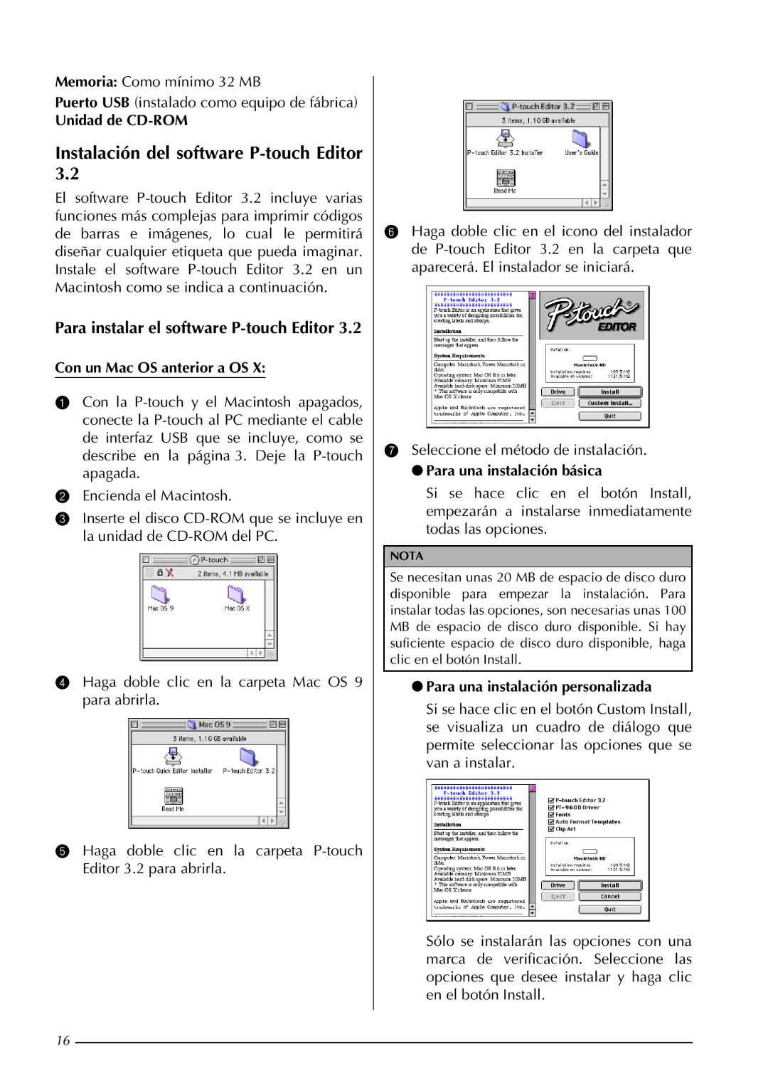 Brother PT-3600 Instalación del software P-touch Editor, Para una instalación básica, Para una instalación personalizada 