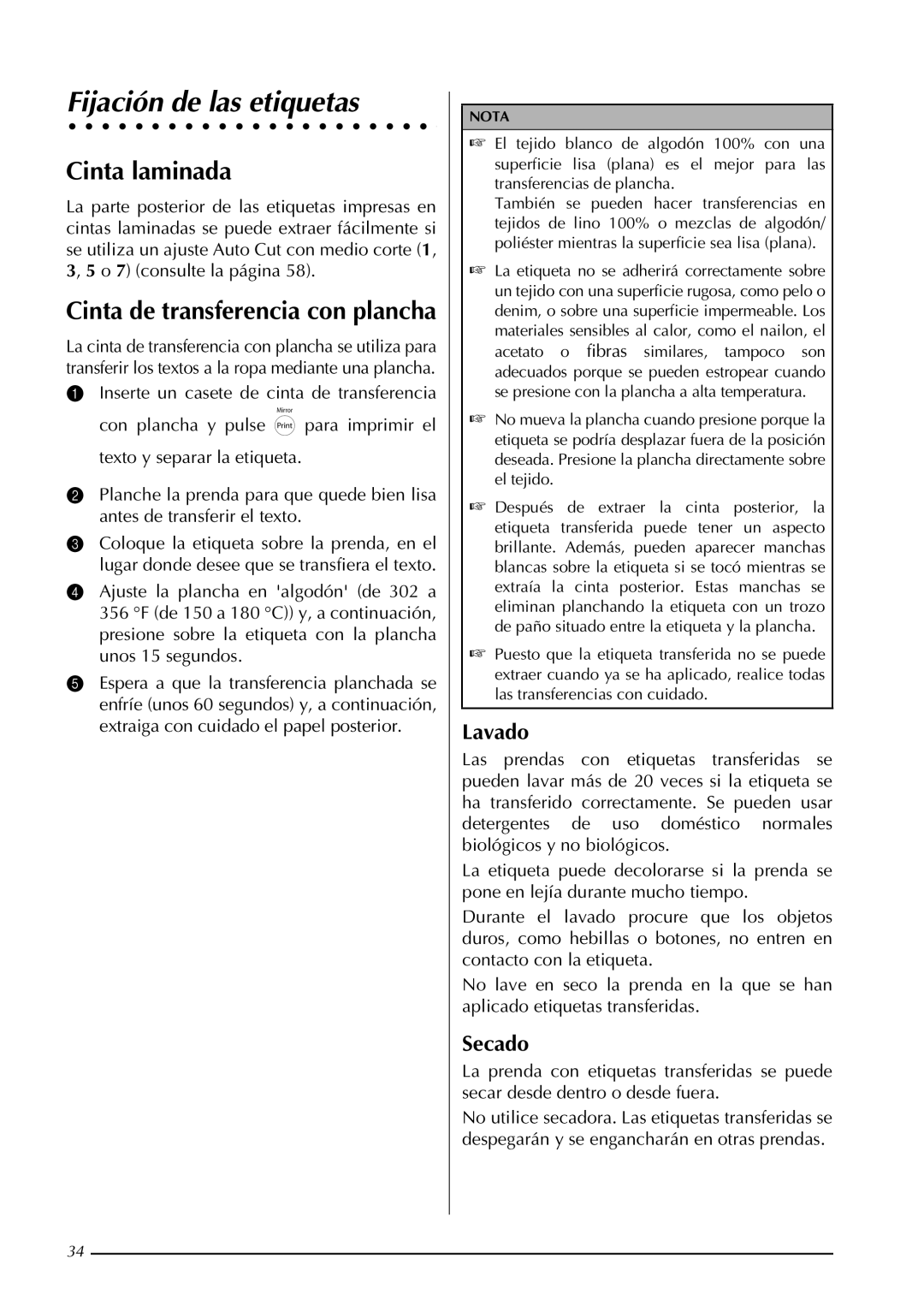 Brother PT-3600, PT-9600 manual Fijación de las etiquetas, Cinta laminada, Lavado, Secado 