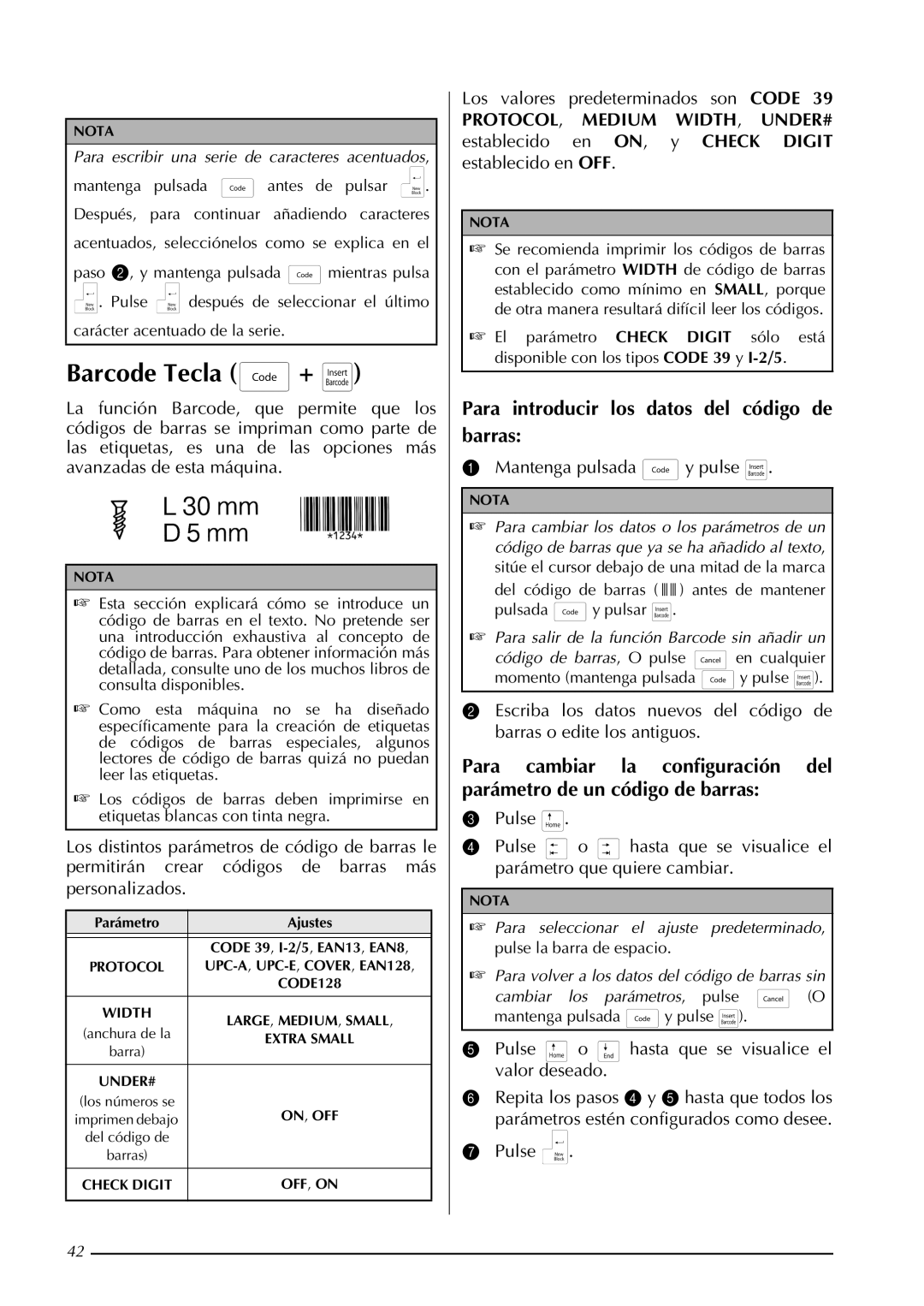 Brother PT-3600, PT-9600 manual Barcode Tecla +, Para introducir los datos del código de barras 