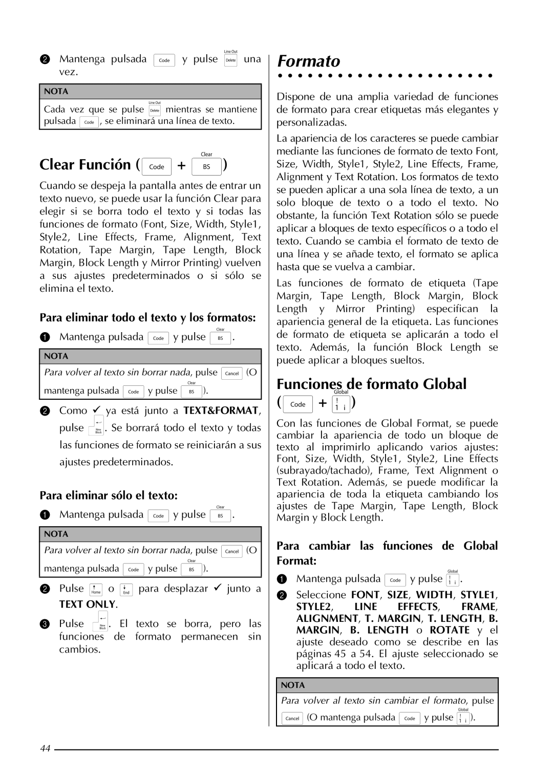 Brother PT-3600, PT-9600 manual Formato, Clear Función +, Funciones de formato Global + 