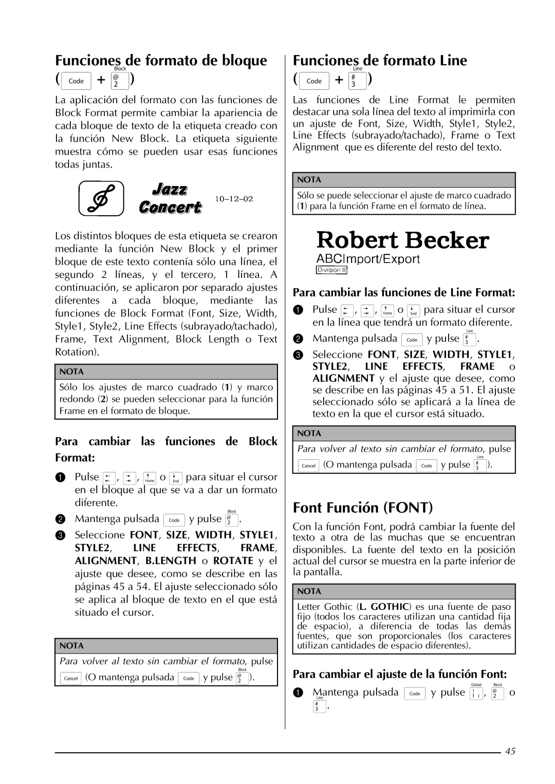 Brother PT-9600, PT-3600 manual Funciones de formato de bloque +, Funciones de formato Line +, Font Función Font 