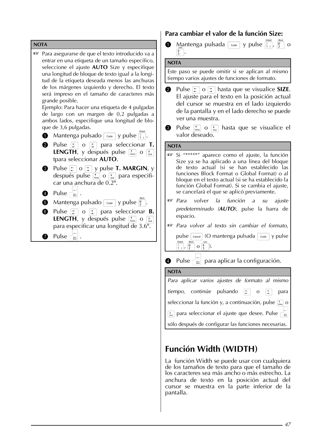 Brother PT-9600, PT-3600 manual Función Width Width, Para cambiar el valor de la función Size 