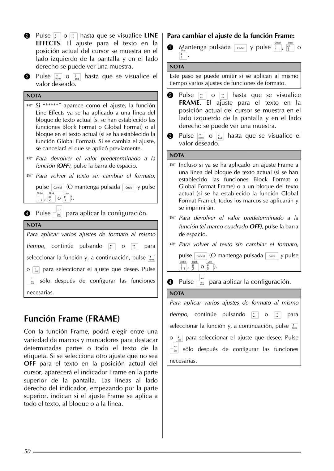 Brother PT-3600, PT-9600 manual Función Frame Frame, Para cambiar el ajuste de la función Frame 