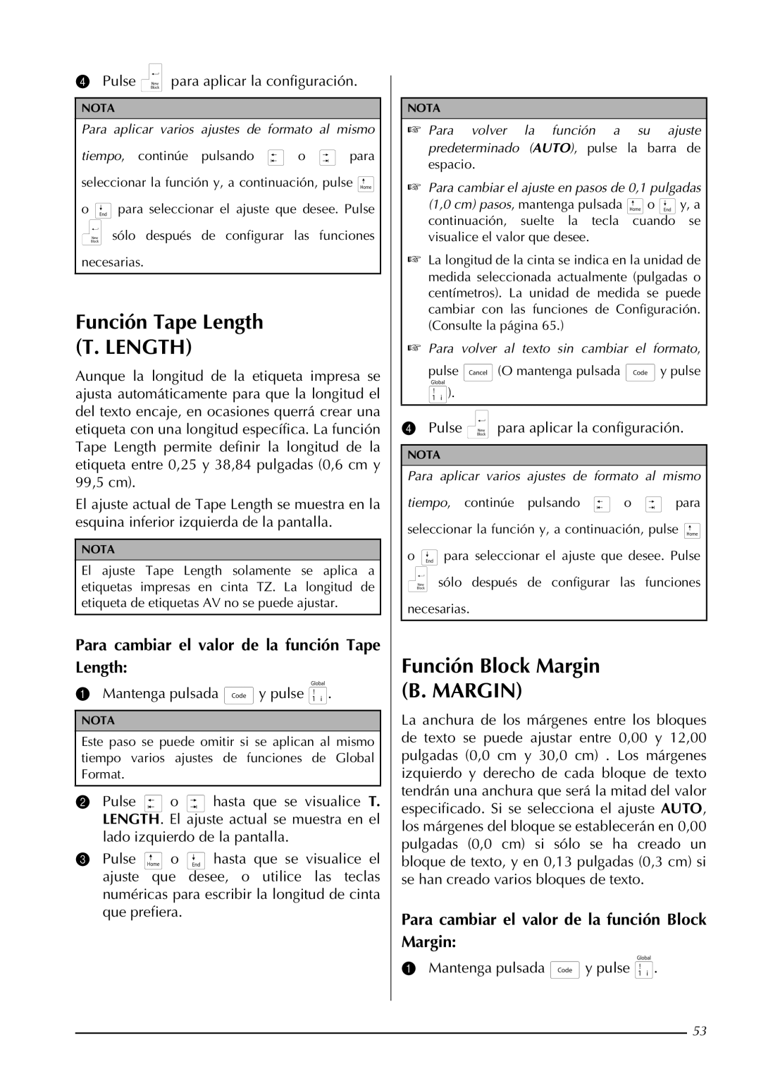 Brother PT-9600, PT-3600 manual Función Block Margin B. Margin, Para cambiar el valor de la función Tape Length 