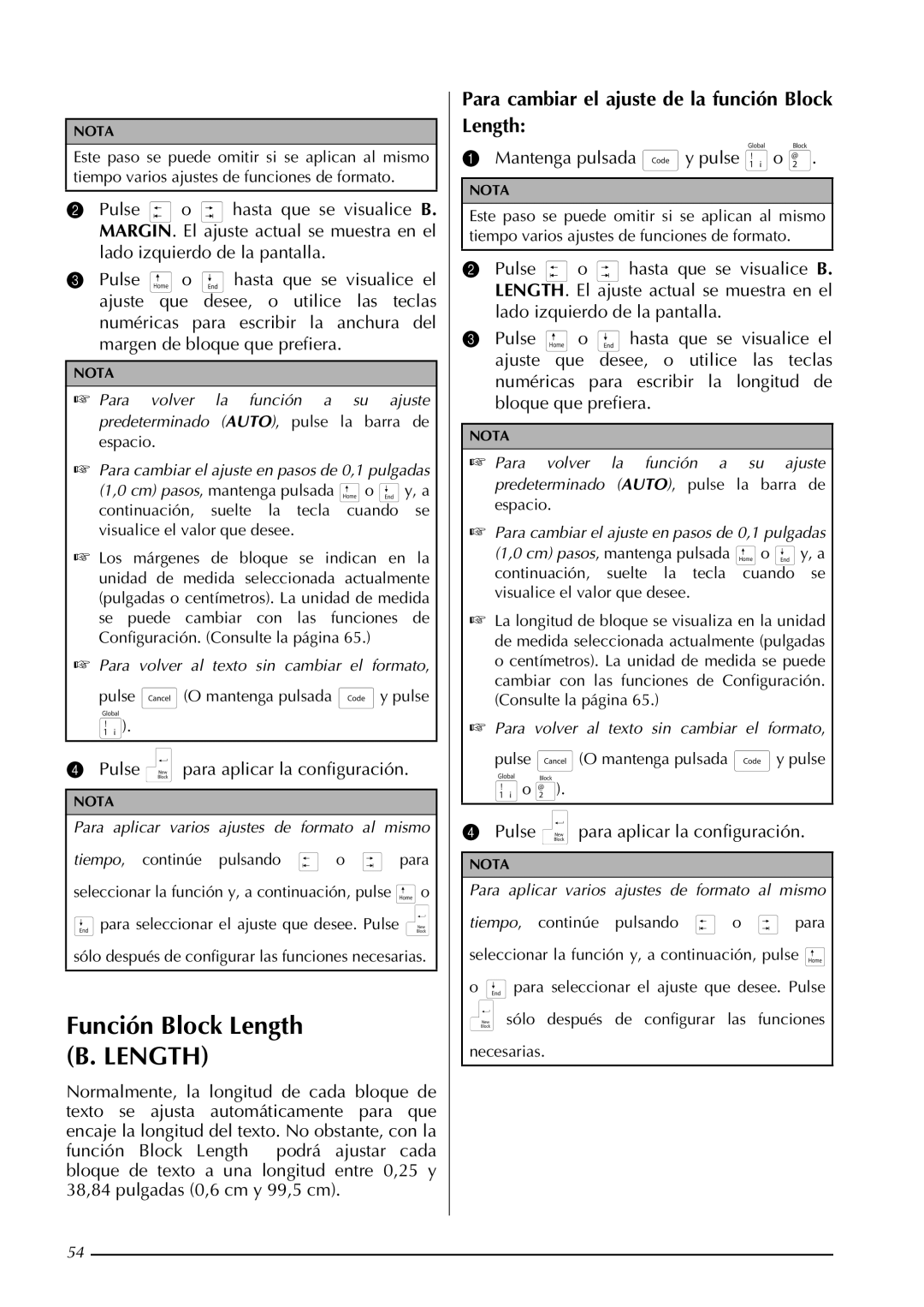 Brother PT-3600, PT-9600 manual Función Block Length B. Length, Para cambiar el ajuste de la función Block Length 