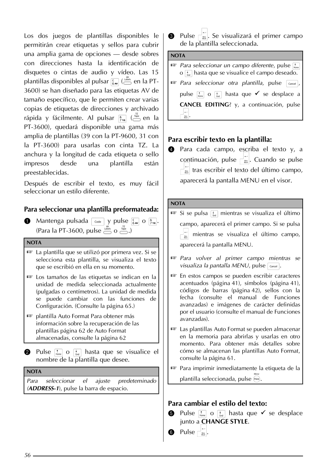 Brother PT-3600, PT-9600 manual Para escribir texto en la plantilla, Para cambiar el estilo del texto 