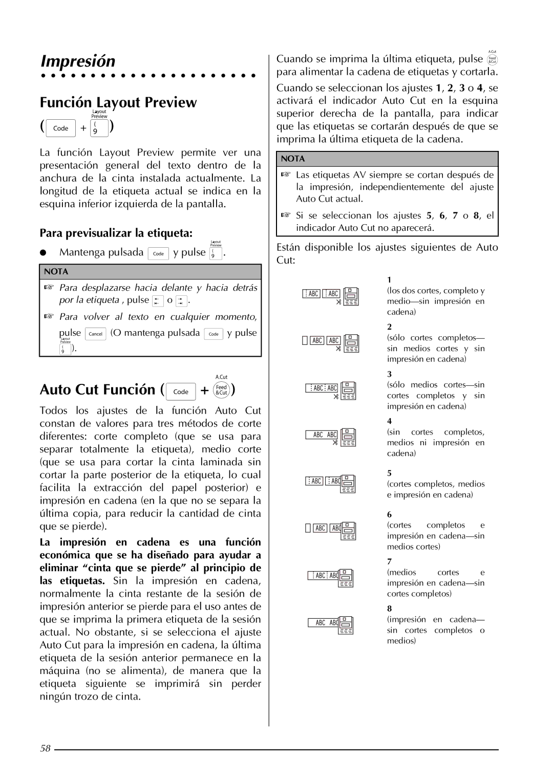 Brother PT-3600, PT-9600 manual Impresión, Función Layout Preview +, Auto Cut Función +, Para previsualizar la etiqueta 