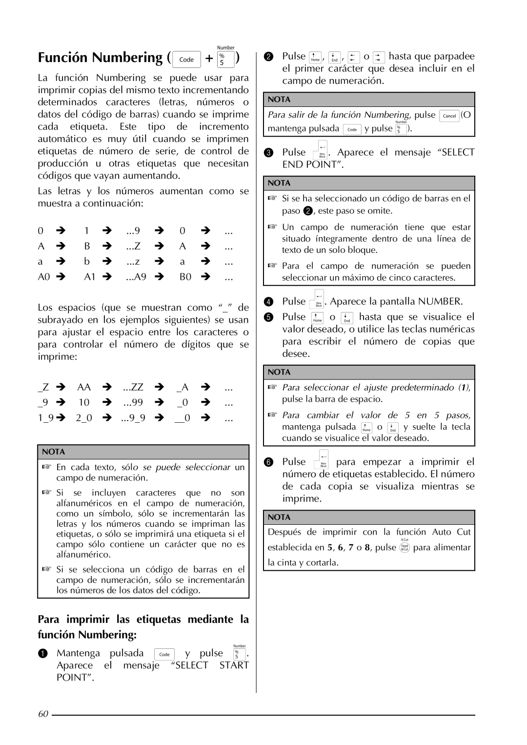 Brother PT-3600, PT-9600 manual Función Numbering +, Para imprimir las etiquetas mediante la función Numbering 