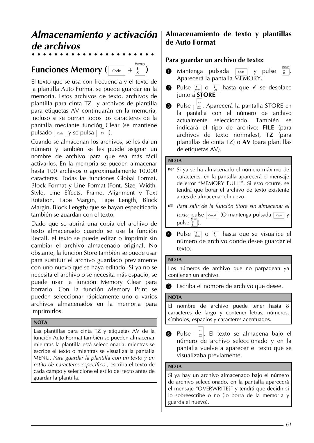 Brother PT-9600, PT-3600 Almacenamiento y activación de archivos, Funciones Memory +, Para guardar un archivo de texto 