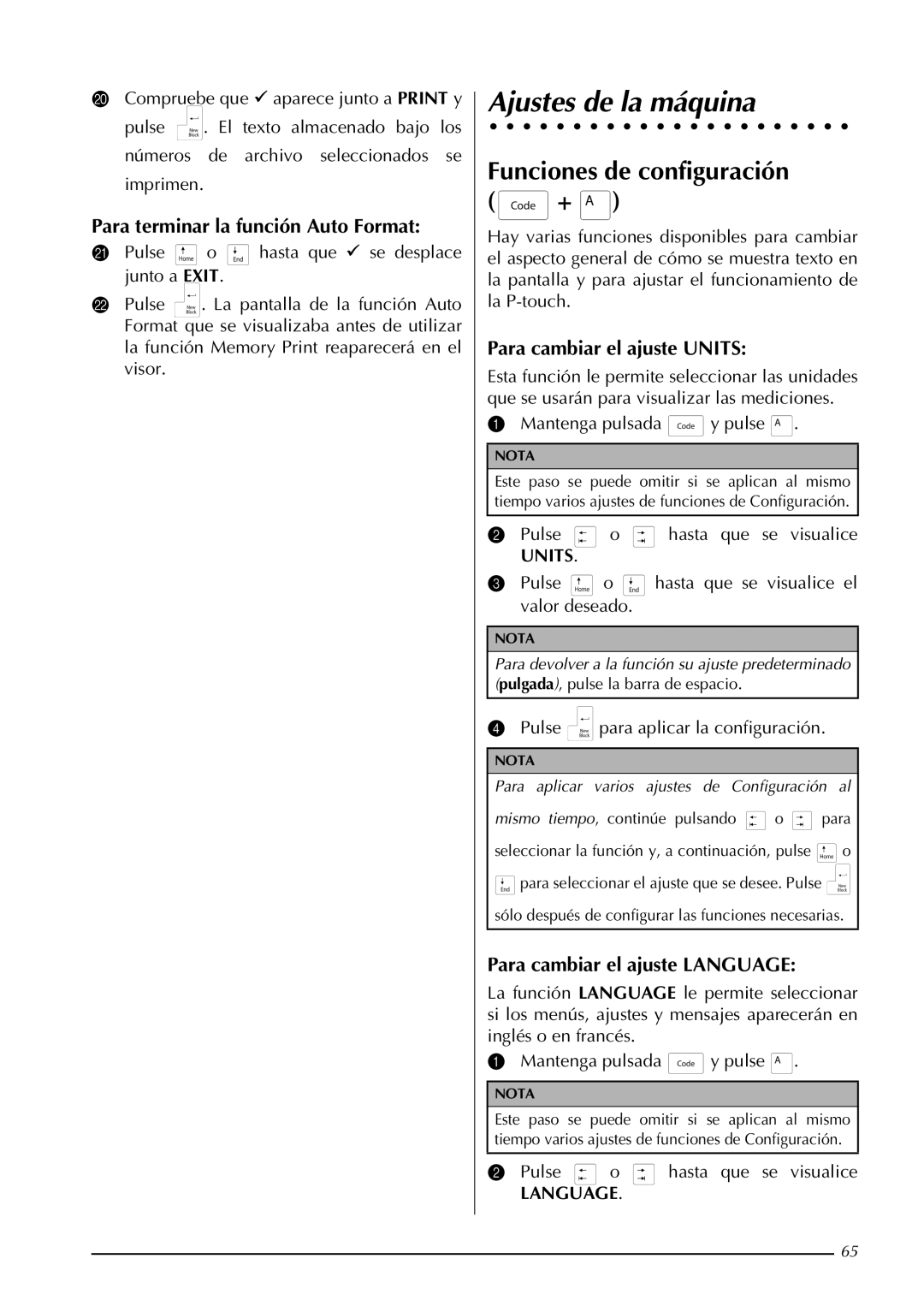 Brother PT-9600, PT-3600 manual Ajustes de la máquina, Funciones de configuración +, Para cambiar el ajuste Units 