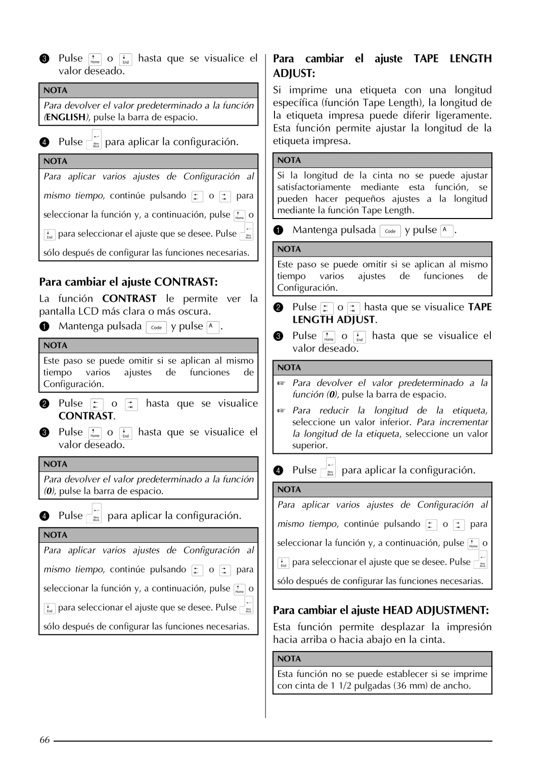 Brother PT-3600, PT-9600 manual Para cambiar el ajuste Contrast, Para cambiar el ajuste Tape Length Adjust 