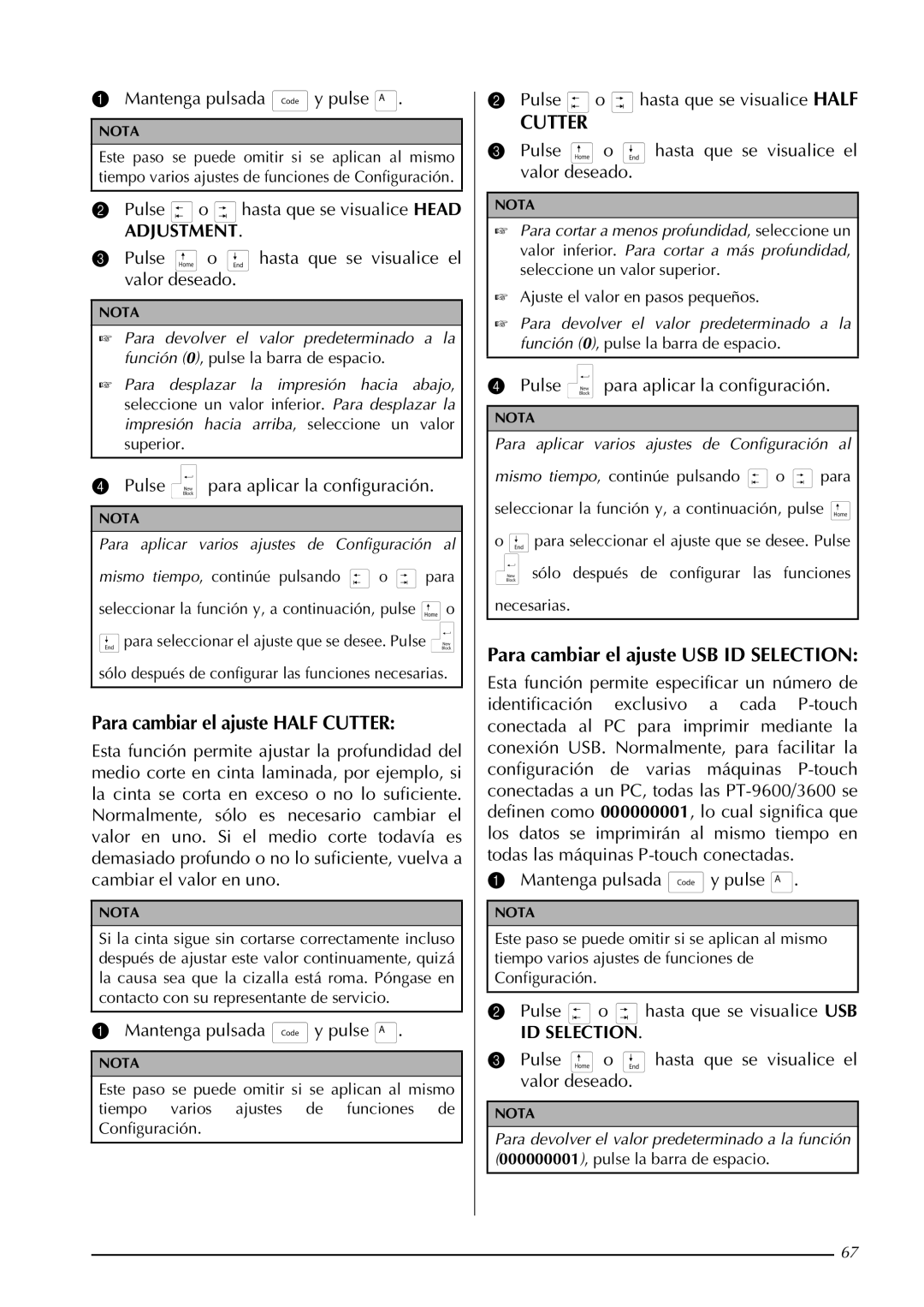 Brother PT-9600, PT-3600 manual Para cambiar el ajuste Half Cutter, Para cambiar el ajuste USB ID Selection 