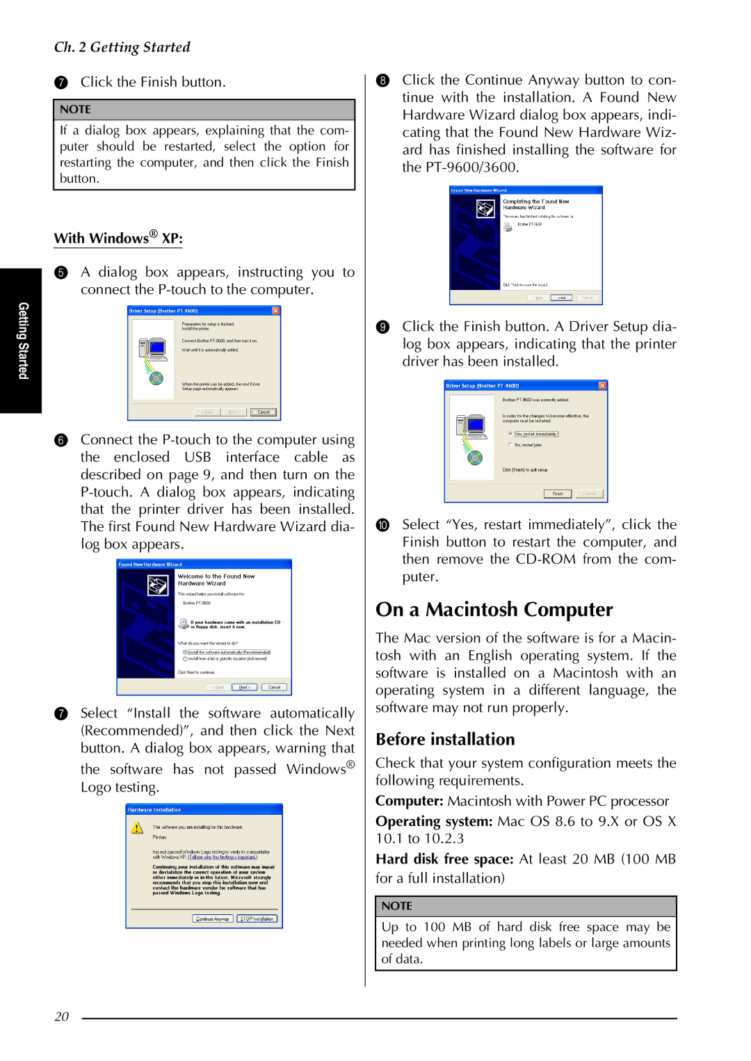 Brother PT-3600, PT-9600 manual On a Macintosh Computer, With Windows XP 