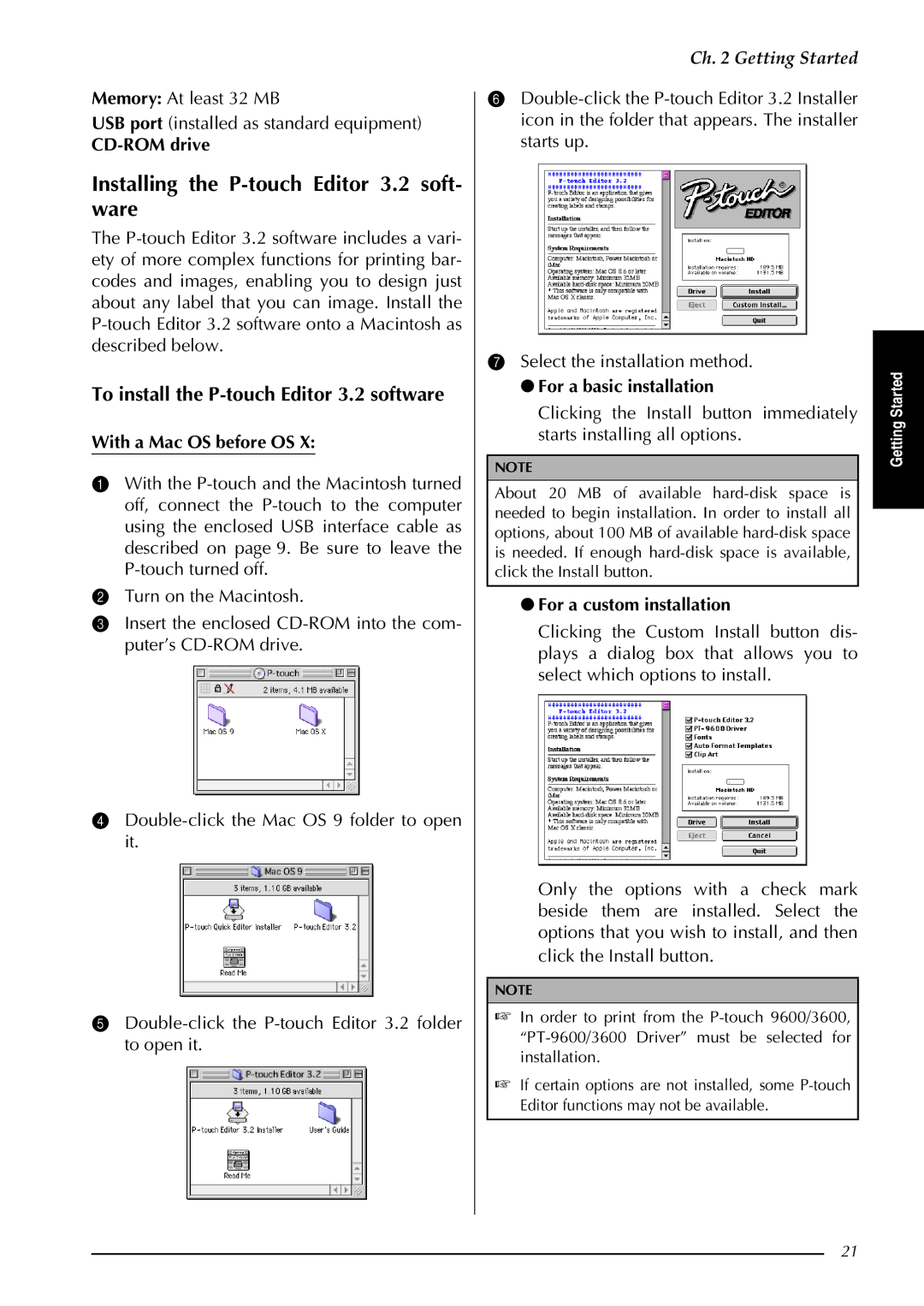 Brother PT-9600, PT-3600 Installing the P-touch Editor 3.2 soft- ware, With a Mac OS before OS, For a basic installation 