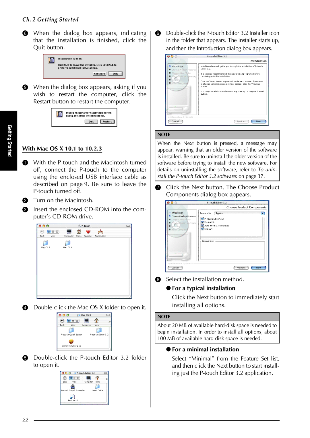 Brother PT-3600, PT-9600 manual With Mac OS X 10.1 to, For a typical installation, For a minimal installation 