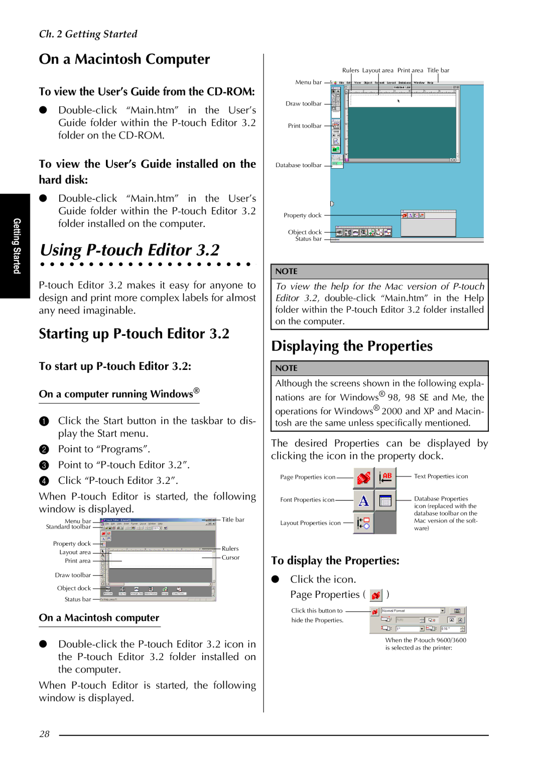 Brother PT-3600 Using P-touch Editor, Starting up P-touch Editor, Displaying the Properties, To start up P-touch Editor 