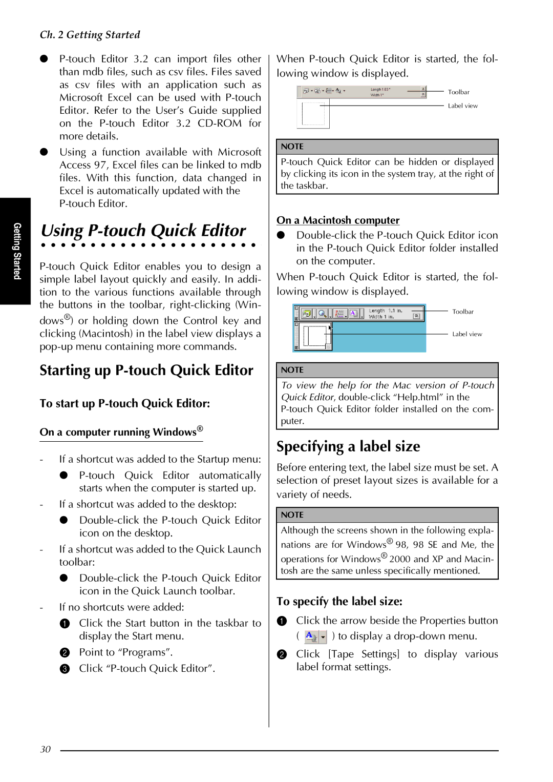 Brother PT-3600, PT-9600 manual Using P-touch Quick Editor, Specifying a label size, To start up P-touch Quick Editor 