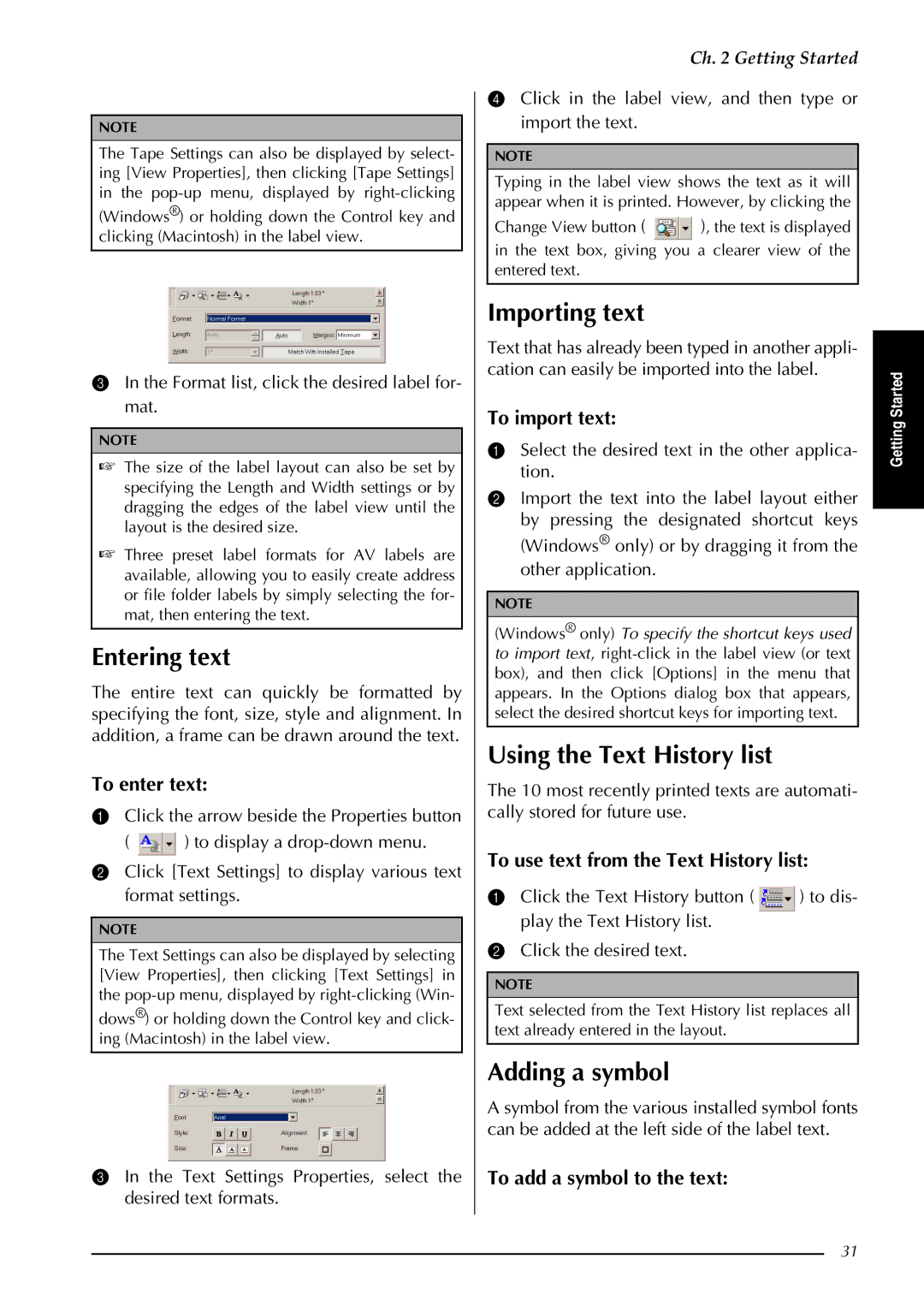 Brother PT-9600, PT-3600 manual Importing text, Using the Text History list, Adding a symbol 