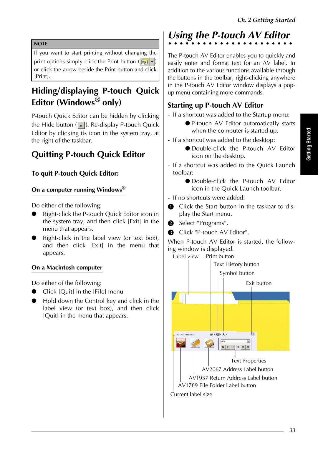 Brother PT-9600, PT-3600 manual Using the P-touch AV Editor, Hiding/displaying P-touch Quick Editor Windows only 