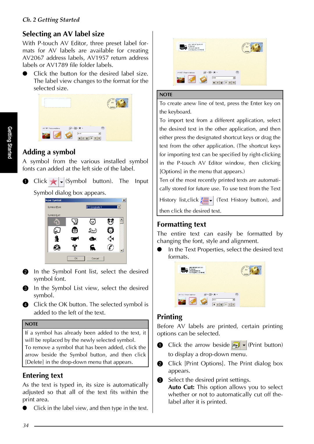 Brother PT-3600, PT-9600 manual Selecting an AV label size, Adding a symbol, Printing 