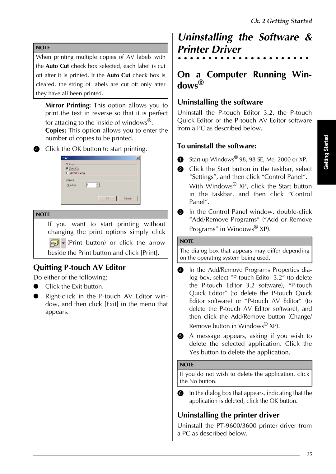 Brother PT-9600 Uninstalling the Software & Printer Driver, On a Computer Running Win- dows, Quitting P-touch AV Editor 