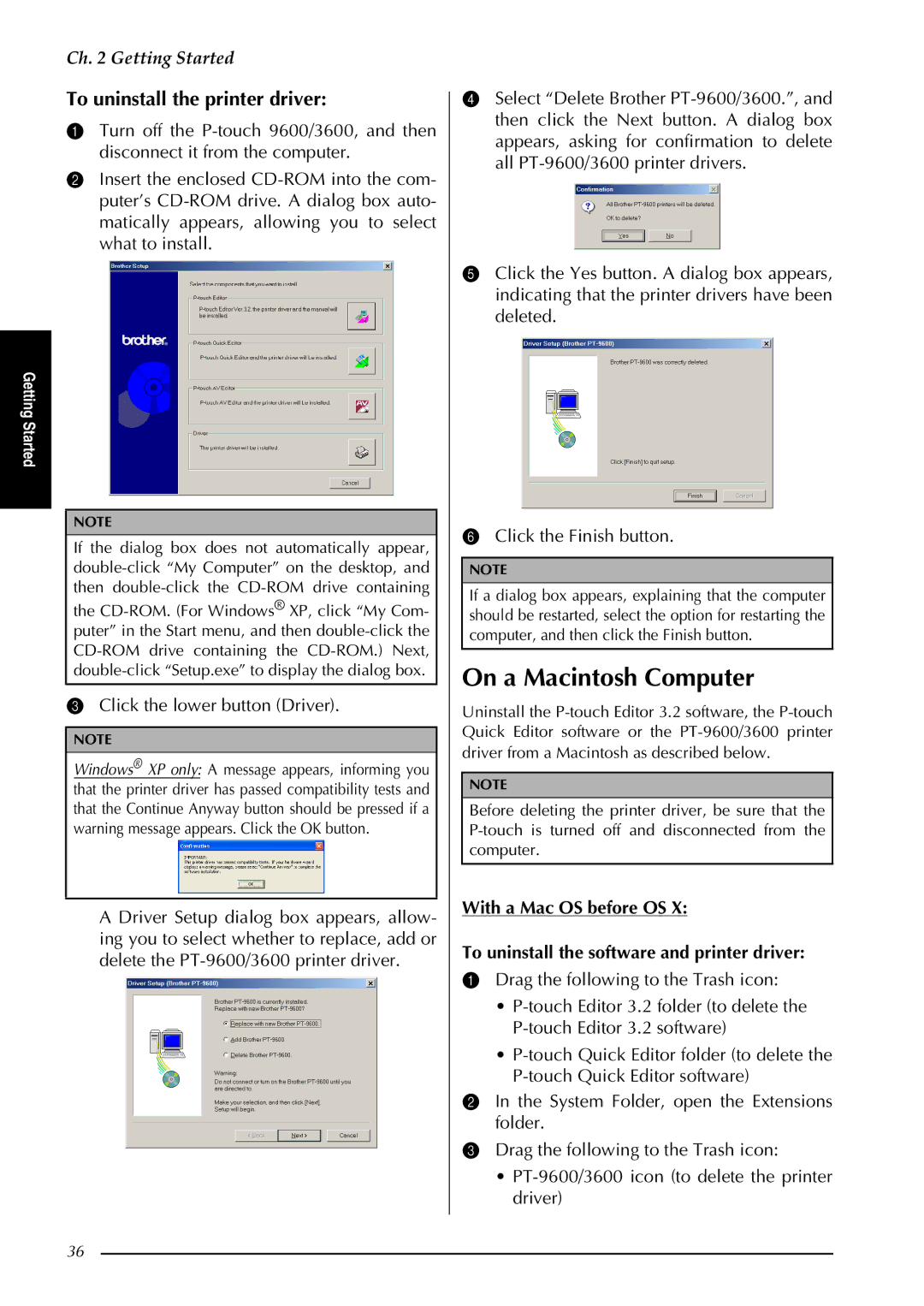 Brother PT-3600, PT-9600 manual To uninstall the printer driver, Click the lower button Driver 