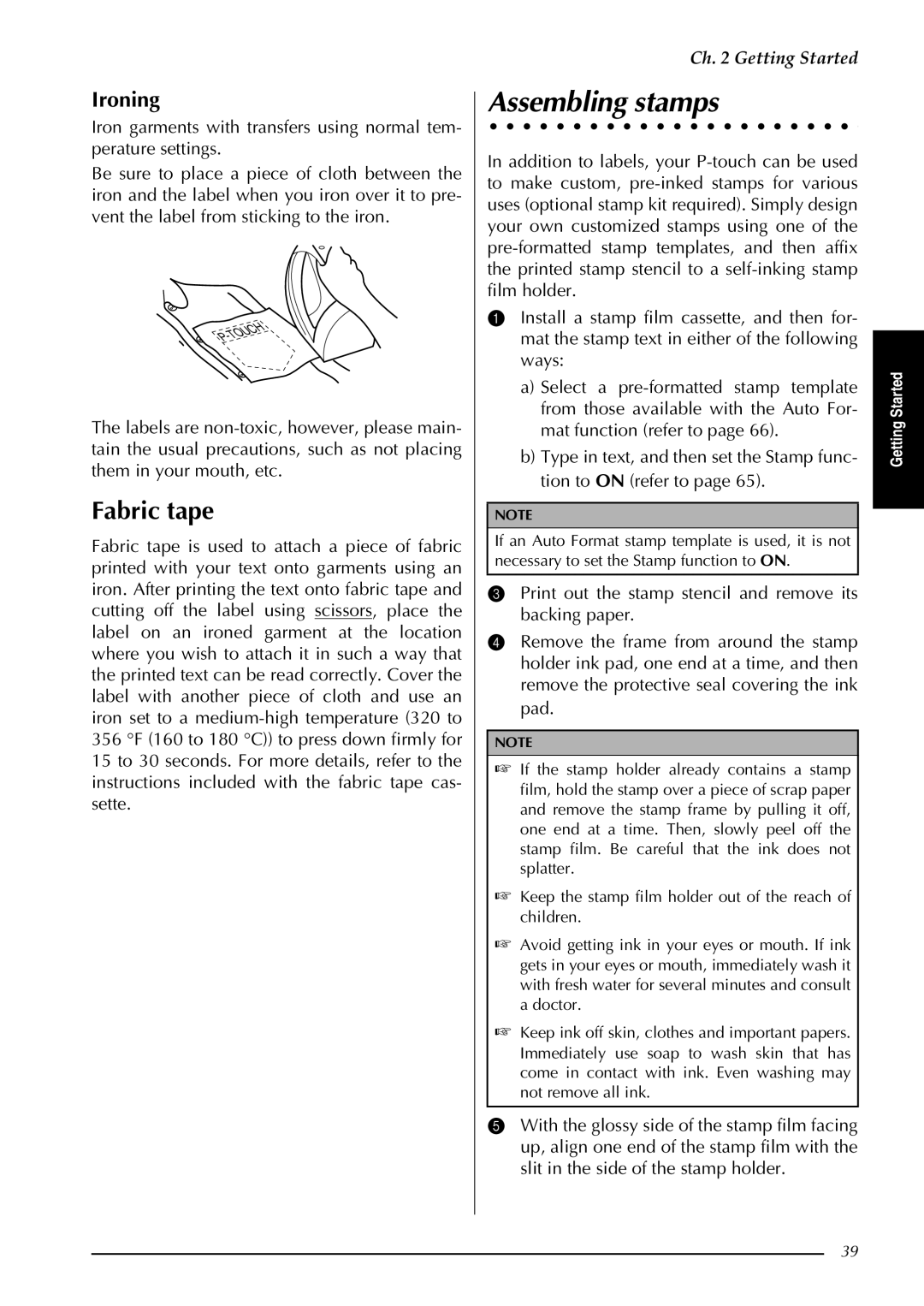 Brother PT-9600, PT-3600 manual Assembling stamps, Fabric tape, Ironing 