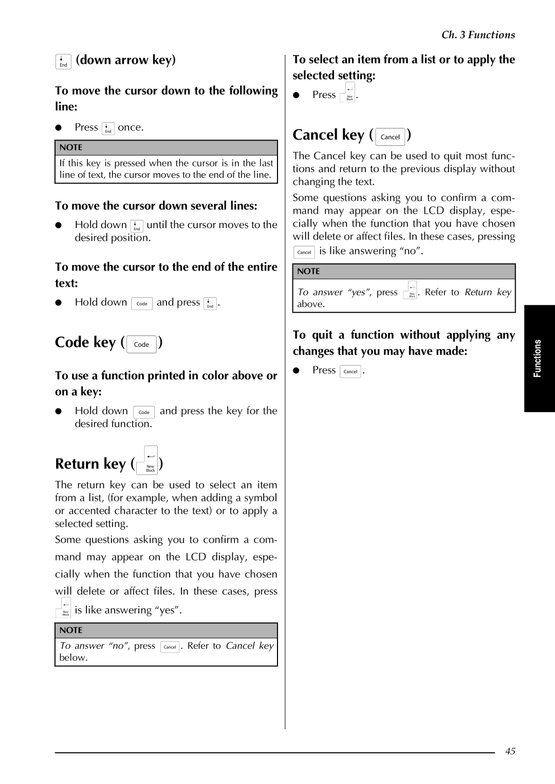 Brother PT-9600, PT-3600 manual Code key, Return key, Cancel key, Down arrow key 