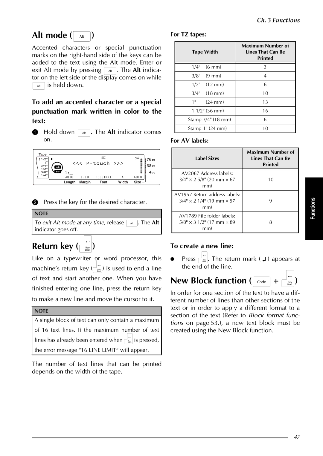 Brother PT-9600, PT-3600 manual Alt mode, New Block function +, To create a new line, For TZ tapes, For AV labels 