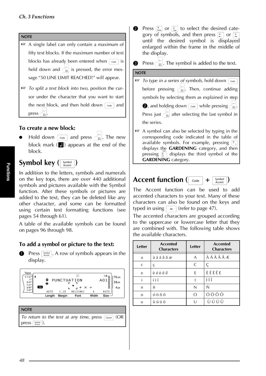 Brother PT-3600, PT-9600 manual Symbol key, Accent function +, To create a new block, To add a symbol or picture to the text 