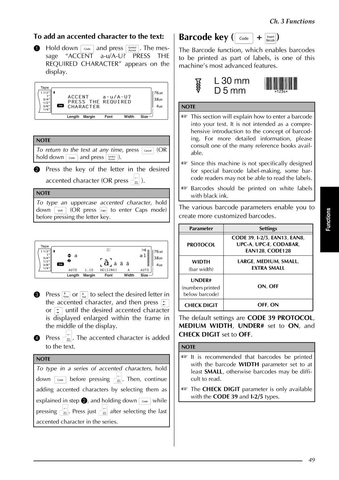 Brother PT-9600, PT-3600 manual Barcode key +, To add an accented character to the text 