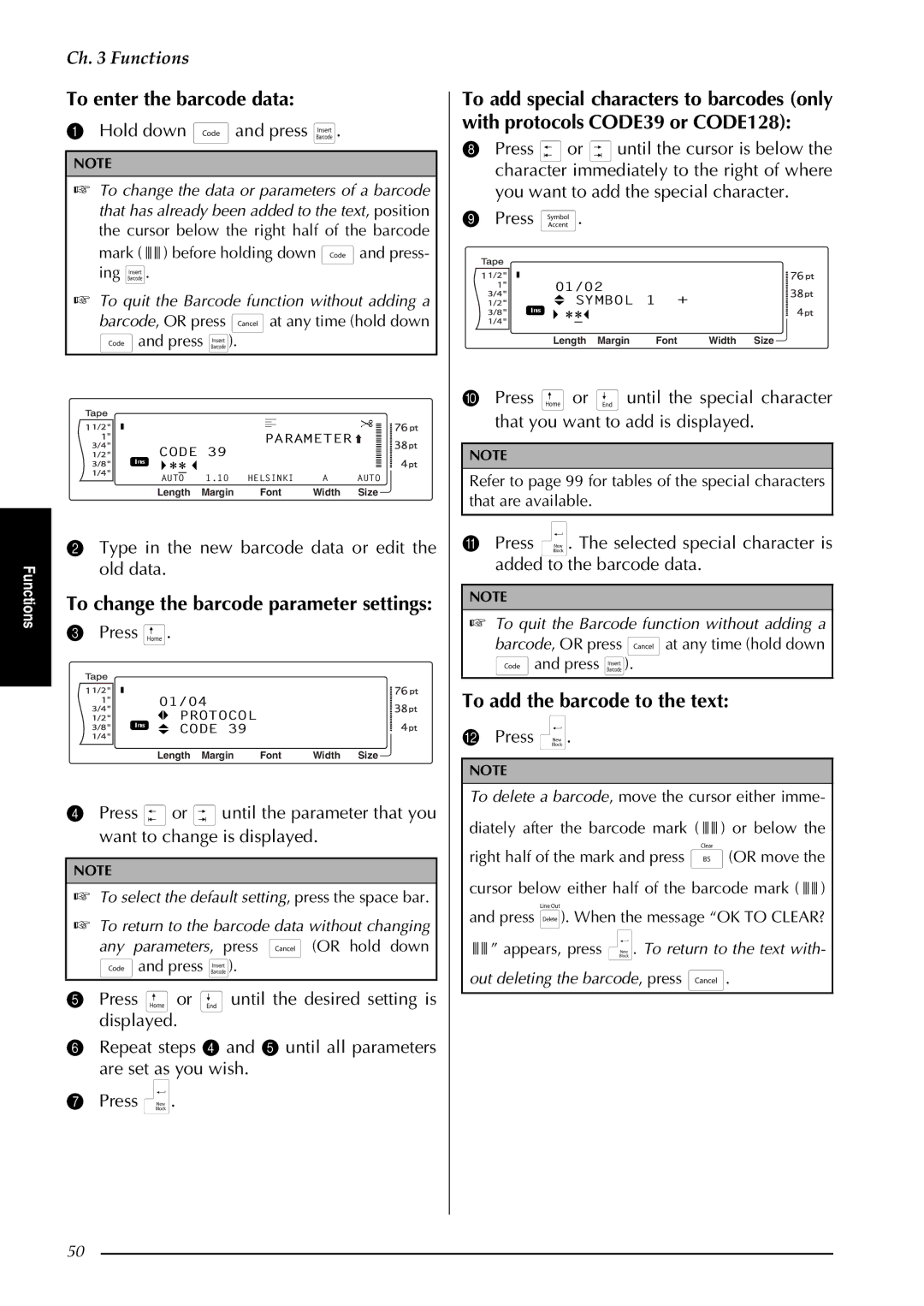 Brother PT-3600 manual To enter the barcode data, To add the barcode to the text, To change the barcode parameter settings 