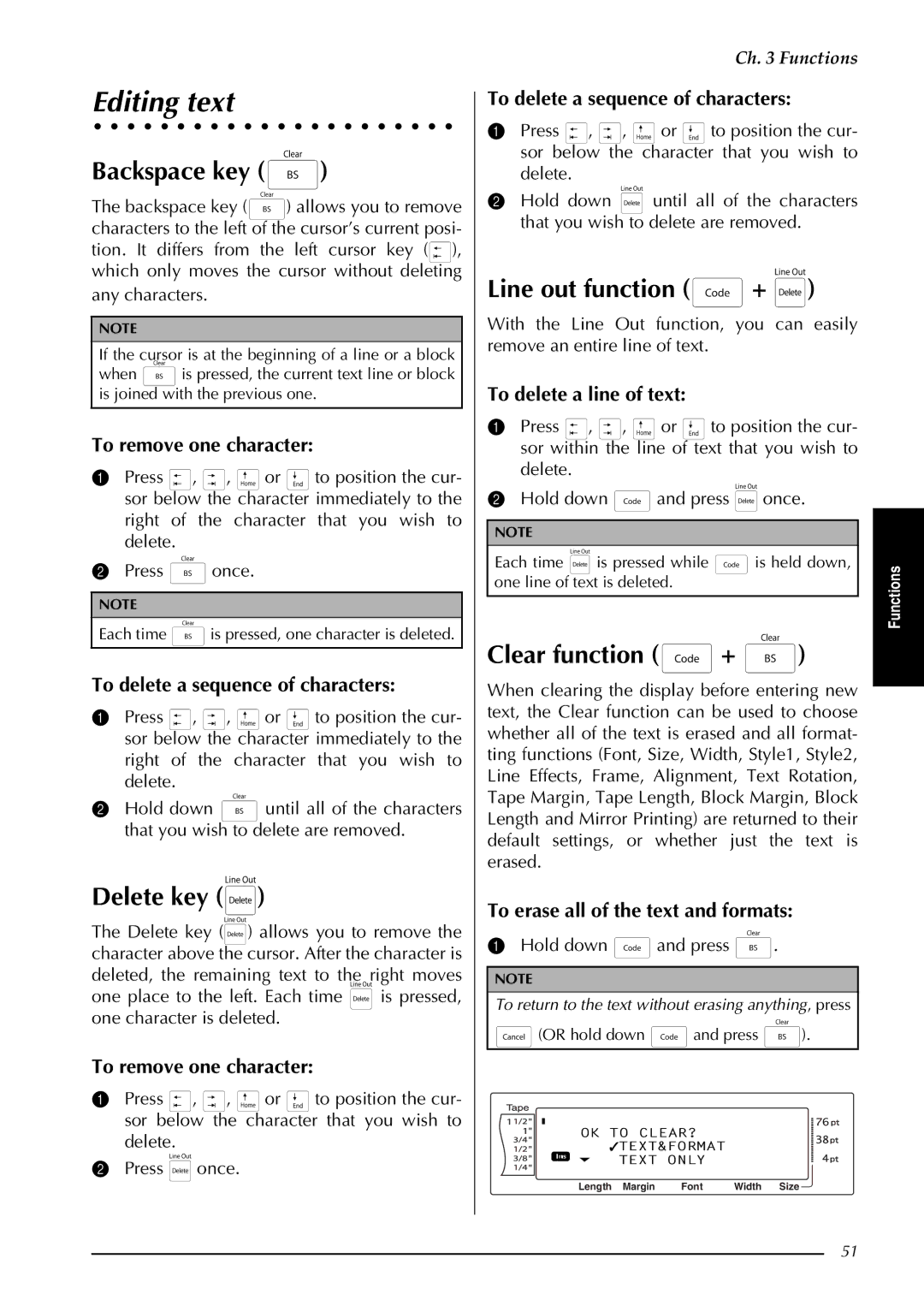 Brother PT-9600, PT-3600 manual Editing text, Backspace key, Delete key, Line out function +, Clear function + 