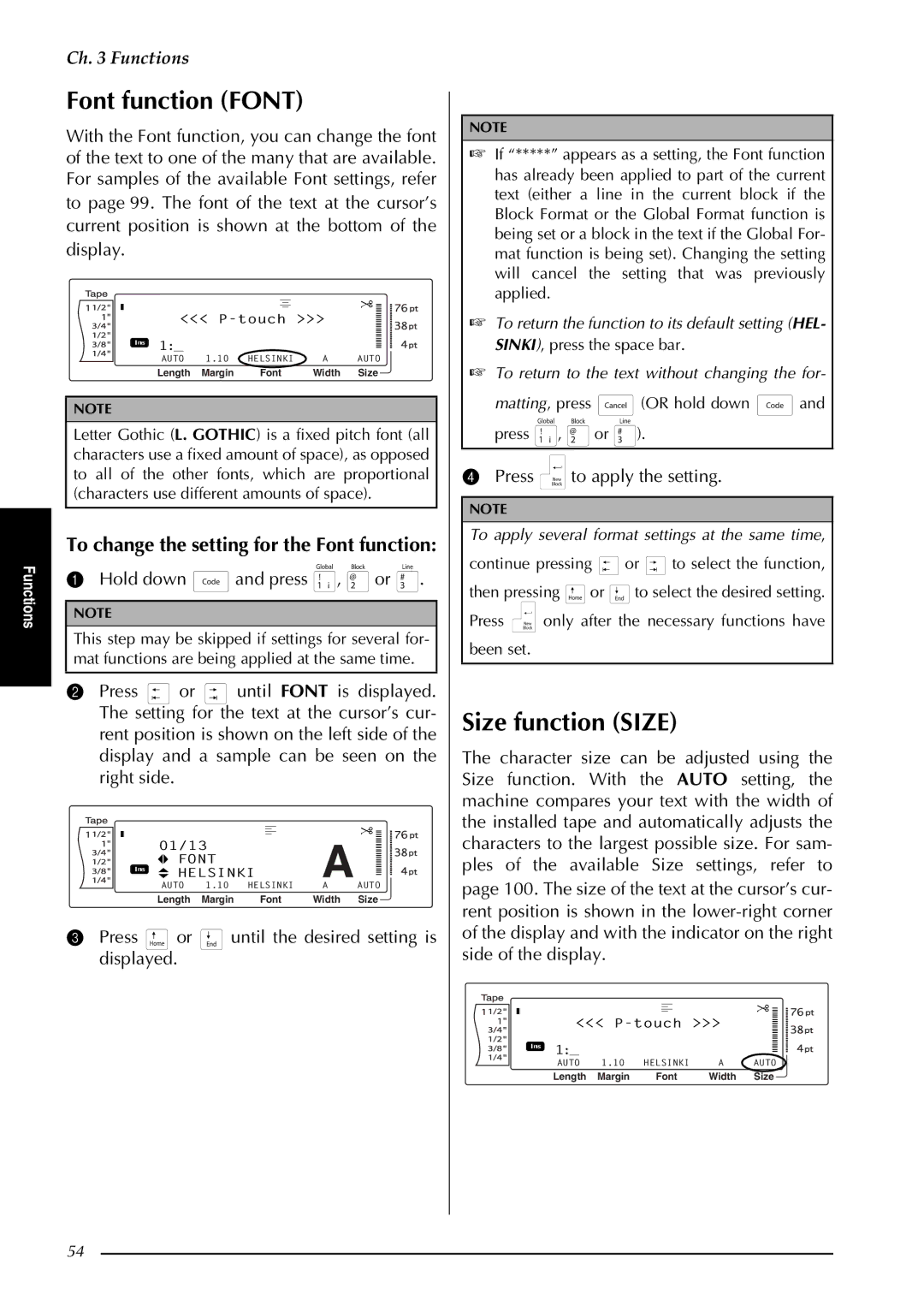 Brother PT-3600, PT-9600 manual Font function Font, Size function Size, To change the setting for the Font function 