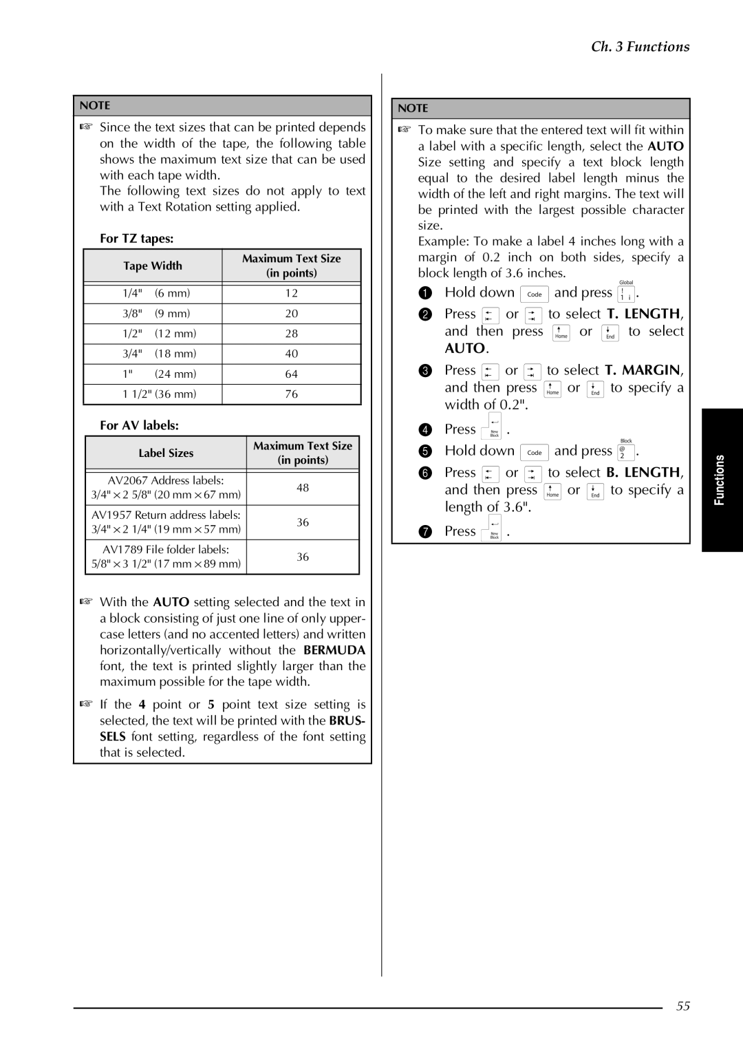 Brother PT-9600, PT-3600 manual Press or to select B. Length Then press Or to specify a, For AV labels 