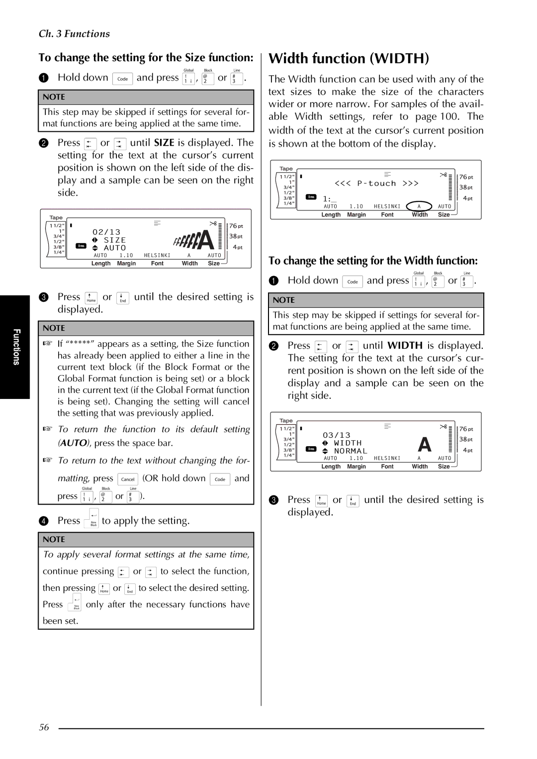 Brother PT-3600, PT-9600 manual Width function Width, To change the setting for the Width function 